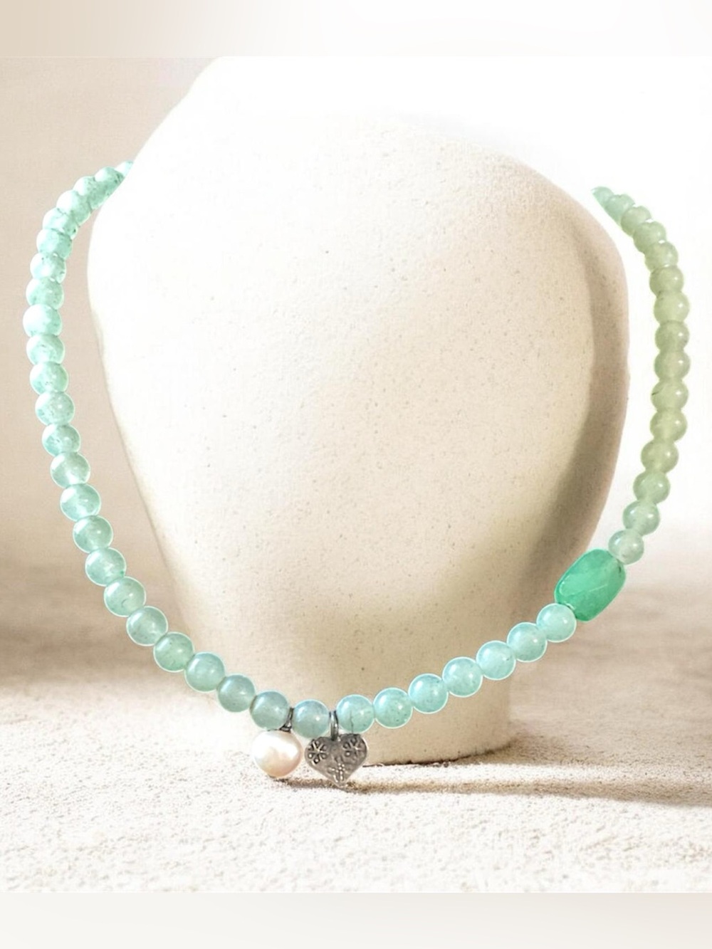Vintage Sterling Silver Jade and Pearl Gemstone Beaded Necklace Heart Charm